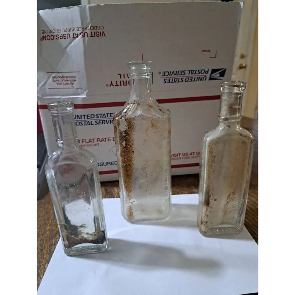 Three Antique Apothecary Glass Bottles Grungy Dirty Decor Halloween Collectibles